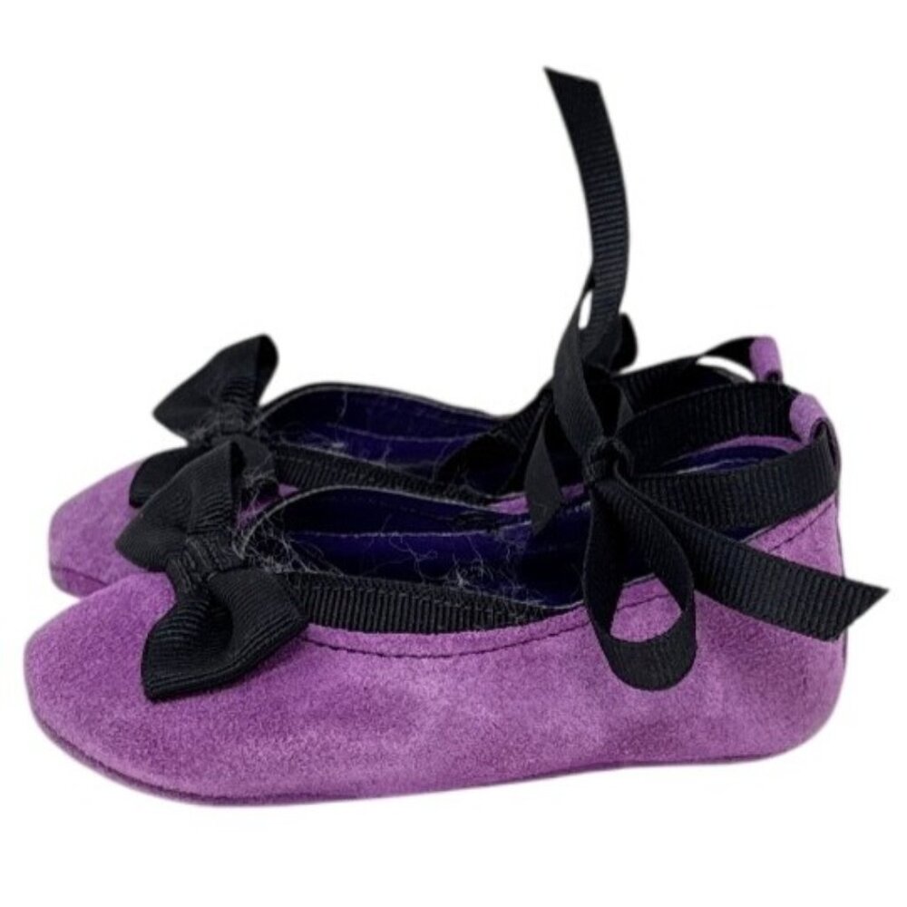 Baby Deer Purple Suede Bow Baby Shoes Size 2 Black Ribbon Closure Soft Sole